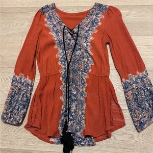 Free People Terracotta and Blue Boho Blouse